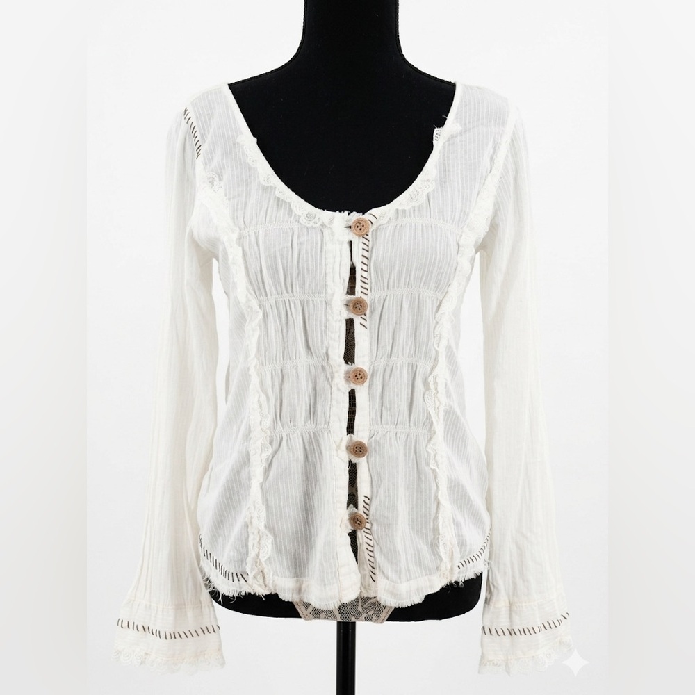 BKE White Cotton Gauze Boho Blouse Lace Trim Pintuck Cottagecore Top M